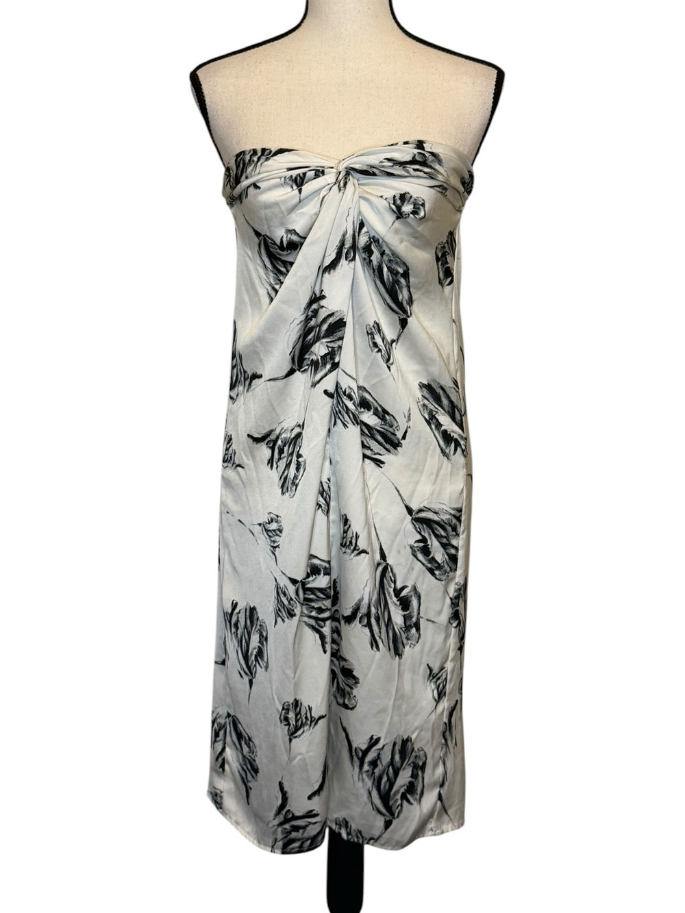 Strapless Black & White Floral Twist Front Dress